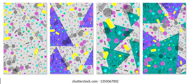 Pop art color background. Memphis pattern of geometric shapes for tissue and postcards. Vector Illustration. Hipster style 80s-90s. Abstract colorful funky background.