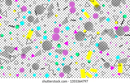 Pop art color background. Memphis pattern of geometric shapes for tissue and postcards. Vector Illustration. Hipster style 80s-90s. Abstract colorful funky background.