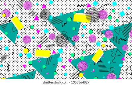 Pop art color background. Memphis pattern of geometric shapes for tissue and postcards. Vector Illustration. Hipster style 80s-90s. Abstract colorful funky background.