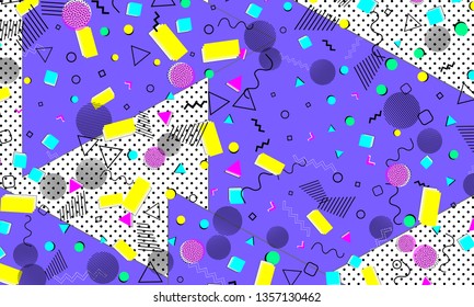 Pop art color background. Memphis pattern of geometric shapes for tissue and postcards. Vector Illustration. Hipster style 80s-90s. Abstract colorful funky background.