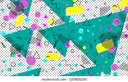 Pop art color background. Memphis pattern of geometric shapes for tissue and postcards. Vector Illustration. Hipster style 80s-90s. Abstract colorful funky background.