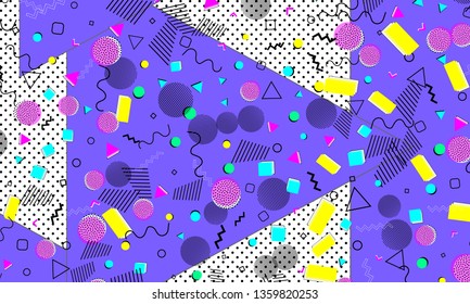 Pop art color background. Memphis pattern of geometric shapes for tissue and postcards. Vector Illustration. Hipster style 80s-90s. Abstract colorful funky background.