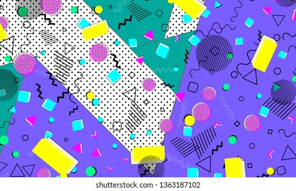 Pop art color background. Memphis pattern of geometric shapes for tissue and postcards. Vector Illustration. Hipster style 80s-90s. Abstract colorful funky background.