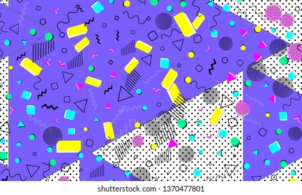 Pop art color background. Memphis pattern of geometric shapes for tissue and postcards. Vector Illustration. Hipster style 80s-90s. Abstract colorful funky background.