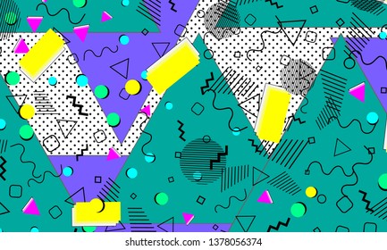 Pop art color background. Memphis pattern of geometric shapes for tissue and postcards. Vector Illustration. Hipster style 80s-90s. Abstract colorful funky background.
