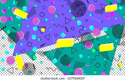 Pop art color background. Memphis pattern of geometric shapes for tissue and postcards. Vector Illustration. Hipster style 80s-90s. Abstract colorful funky background.
