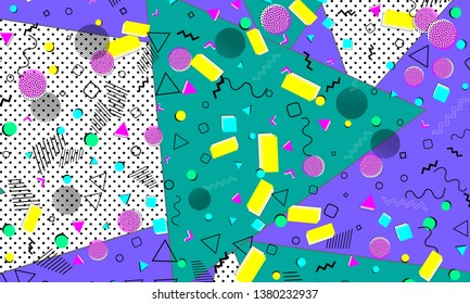 Pop art color background. Memphis pattern of geometric shapes for tissue and postcards. Vector Illustration. Hipster style 80s-90s. Abstract colorful funky background.