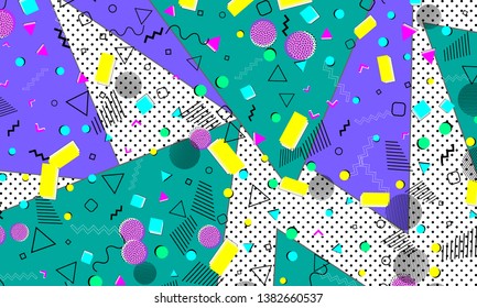 Pop art color background. Memphis pattern of geometric shapes for tissue and postcards. Vector Illustration. Hipster style 80s-90s. Abstract colorful funky background.