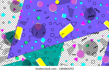 Pop art color background. Memphis pattern of geometric shapes for tissue and postcards. Vector Illustration. Hipster style 80s-90s. Abstract colorful funky background.