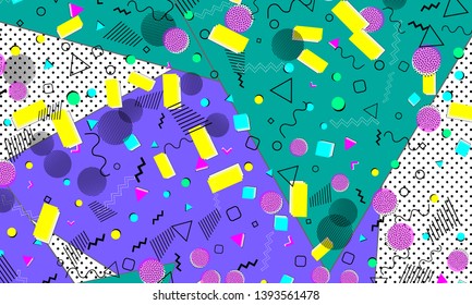 Pop art color background. Memphis pattern of geometric shapes for tissue and postcards. Vector Illustration. Hipster style 80s-90s. Abstract colorful funky background.