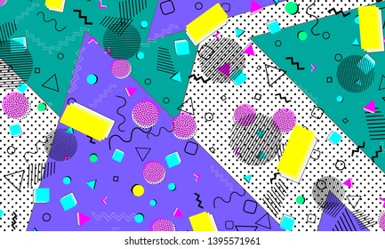 Pop art color background. Memphis pattern of geometric shapes for tissue and postcards. Vector Illustration. Hipster style 80s-90s. Abstract colorful funky background.