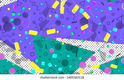 Pop art color background. Memphis pattern of geometric shapes for tissue and postcards. Vector Illustration. Hipster style 80s-90s. Abstract colorful funky background.