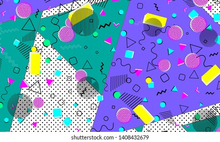 Pop art color background. Memphis pattern of geometric shapes for tissue and postcards. Vector Illustration. Hipster style 80s-90s. Abstract colorful funky background.