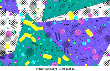 Pop art color background. Memphis pattern of geometric shapes for tissue and postcards. Vector Illustration. Hipster style 80s-90s. Abstract colorful funky background.