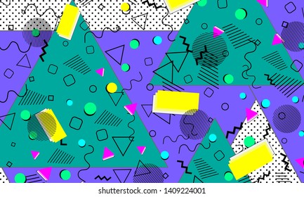 Pop art color background. Memphis pattern of geometric shapes for tissue and postcards. Vector Illustration. Hipster style 80s-90s. Abstract colorful funky background.