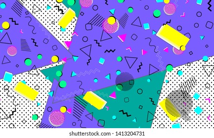Pop art color background. Memphis pattern of geometric shapes for tissue and postcards. Vector Illustration. Hipster style 80s-90s. Abstract colorful funky background.