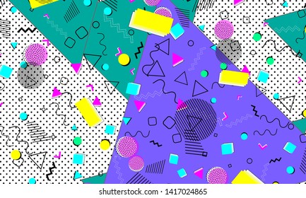 Pop art color background. Memphis pattern of geometric shapes for tissue and postcards. Vector Illustration. Hipster style 80s-90s. Abstract colorful funky background.