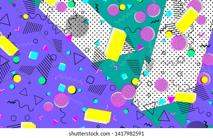 Pop art color background. Memphis pattern of geometric shapes for tissue and postcards. Vector Illustration. Hipster style 80s-90s. Abstract colorful funky background.