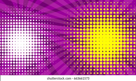 Pop art colored vector halftone background for cartoon bubble font. Funny abstract template lilac, yellow, retro vintage strip. Comic book text bright color dot radial backdrop.