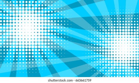 Pop art colored vector halftone background for cartoon bubble font. Comic book text bright color dot radial backdrop. Funny abstract template blue, white retro vintage strip.