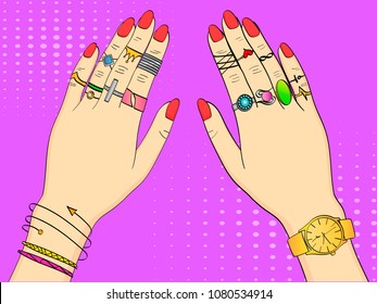 Pop art colored vector illustration. Hands of women in fashion jewelry, rings, jewelry, watches and Bijou. Background imitation retro comics