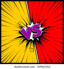 Pop Art Colorful Backdrop Mock Up. Vector Illustration Halftone Dot Chat. Versus Comic Text. Comics Book Empty Colored Template Background. Silhouette Boom Explosion. Speech Bubble Box Balloon.