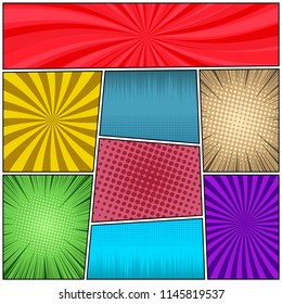 Pop art colorful background with radial rays and halftone humor effects. Blank template. Vector illustration