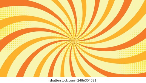 
Arte Pop, fondo colorido con textura en estilo de dibujos animados. Ilustración vectorial de hermosas líneas abstractas giratorias anaranjadas con efecto de semitono, puntos. Rayos de sol.