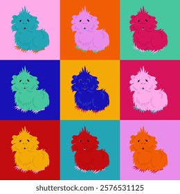 Pop art colorful bright square poster with nine cute little guinea pigs, Baby cavy, guinea piglet, modern trendy portrait of adorable fluffy cavie. Pink, orange, yellow, blue, red, green, mint colors