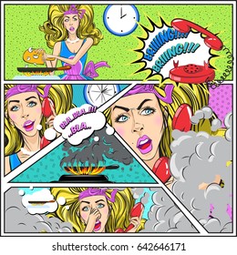 Pop art colorful card template with attractive woman talked on phone and forgot about food cooking vector illustration