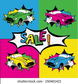 Pop art Colorful cars. Vector Illustration 