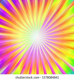 Pop art colorful comics book magazine cover. Striped rainbow background. Cartoon funny retro pattern strip mock up. Vector halftone illustration. 90-s style. Sunburst, starburst shape.