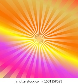 Pop art colorful comics book magazine cover. Striped rainbow background. Cartoon funny retro pattern strip mock up. Vector halftone illustration. 90-s style. Sunburst, starburst shape.