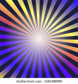Pop art colorful comics book magazine cover. Striped rainbow background. Cartoon funny retro pattern strip mock up. Vector halftone illustration. 90-s style. Sunburst, starburst shape.