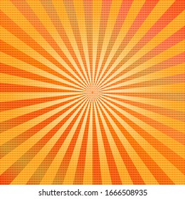 Pop art colorful comics book magazine cover. Striped orange background. Cartoon funny retro pattern strip mock up. Vector halftone illustration. 90-s style. Sunburst, starburst shape.