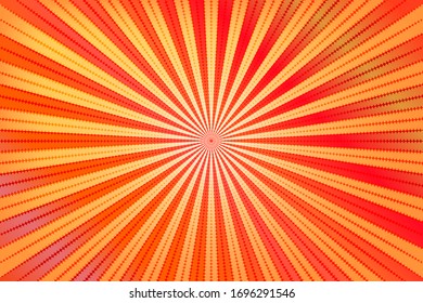 Pop art colorful comics book magazine cover. Striped yellow and orange background. Cartoon funny retro pattern strip mock up. Vector halftone illustration. 90-s style. Sunburst, starburst shape.