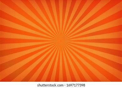 Pop art colorful comics book magazine cover. Striped yellow and orange background. Cartoon funny retro pattern strip mock up. Vector halftone illustration. 90-s style. Sunburst, starburst shape.