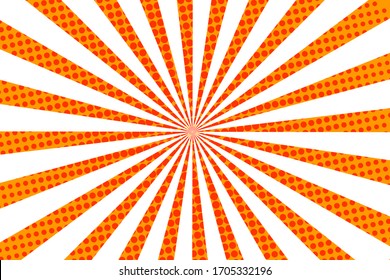 Pop art colorful comics book magazine cover. Striped orange background. Cartoon funny retro pattern strip mock up. Vector halftone illustration. 90-s style. Sunburst, starburst shape.