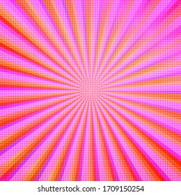 Pop art colorful comics book magazine cover. Striped pink background. Cartoon funny retro pattern strip mock up. Vector halftone illustration. 90-s style. Sunburst, starburst shape.