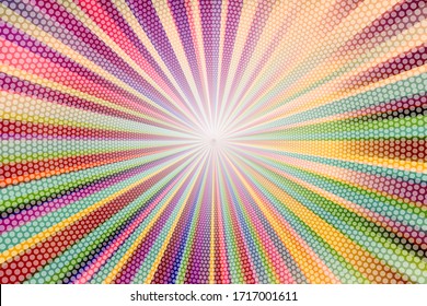 Pop Art Colorful Comics Book Magazine Cover. Striped Rainbow Background. Cartoon Funny Retro Pattern Strip Mock Up. Vector Halftone Illustration. 90-s Style. Sunburst, Starburst Shape.