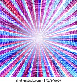 Pop art colorful comics book magazine cover. Striped rainbow background. Cartoon funny retro pattern strip mock up. Vector halftone illustration. 90-s style. Sunburst, starburst shape.
