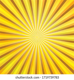 Pop art colorful comics book magazine cover. Striped yellow background. Cartoon funny retro pattern strip mock up. Vector halftone illustration. Sunburst, starburst shape. Digital background. 