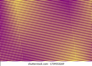 Pop art colorful comics book magazine cover. Polka dots purple and yellow background. Cartoon funny retro pattern. Vector halftone illustration. 90-s style. Template design for poster, card, flyer.