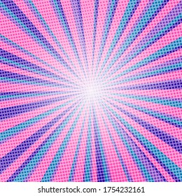 Pop Art Colorful Comics Book Magazine Cover. Striped Rainbow Background. Cartoon Funny Retro Pattern Strip Mock Up. Vector Halftone Illustration. 90-s Style. Sunburst Shape.