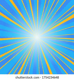 Pop art colorful comics book magazine cover. Striped rainbow background. Cartoon funny retro pattern strip mock up. Vector halftone illustration. 90-s style. Sunburst shape.