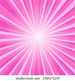 Pop art colorful comics book magazine cover. Striped pink background. Cartoon funny retro pattern strip mock up. Vector halftone illustration. 90-s style. Sunburst, starburst shape.