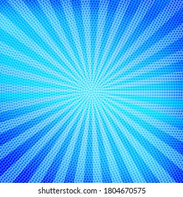 Pop Art Colorful Comics Book Magazine Cover. Striped Blue Background. Cartoon Funny Retro Pattern Strip Mock Up. Vector Halftone Illustration. Sunburst, Starburst Shape.