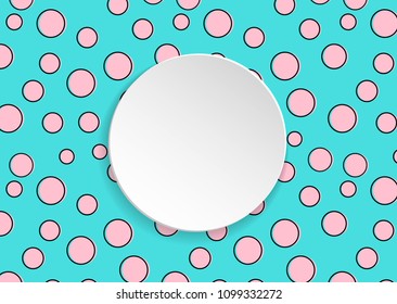 Pop art colorful confetti background. Big colored spots and circles on white background with black dots and ink lines. Banner with 3d paper plate in pop art style. Cute template for flyer, sale, ad