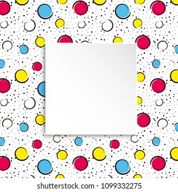 Pop art colorful confetti background. Big colored spots and circles on white background with black dots and ink lines. Banner with 3d paper plate in pop art style. Vibrant template for flyer, sale, ad