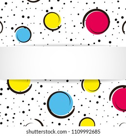 Pop art colorful confetti background. Big colored spots and circles on white background with black dots and ink lines. Banner with 3d paper plate in pop art style. Trendy design for flyer, sale, ad